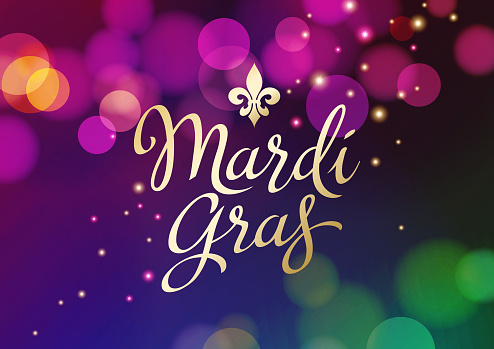 Celebrate Mardi Gras with gold colored hand lettering and fleur de lys symbol on the bokeh lights background