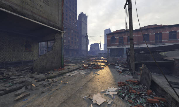 istock Post apocalyptic cityscape 3d illustration ruined buildings 1369682950