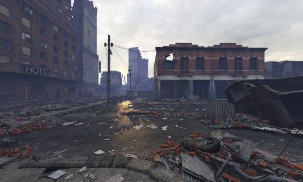 istock Post apocalyptic cityscape 3d illustration ruined buildings 1369682954
