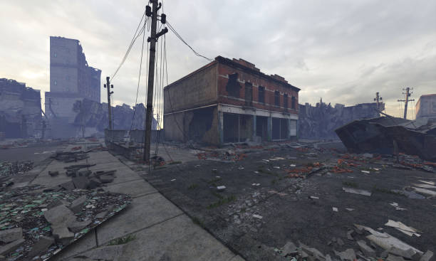 istock Post apocalyptic cityscape 3d illustration ruined buildings 1369682965