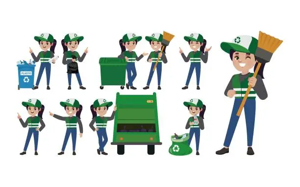 Vector illustration of Set of street cleaner with different poses