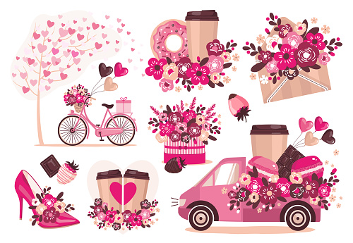 A romantic set with flowers, a donut, coffee, a bicycle and a car.