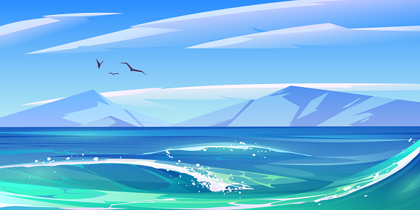Sea with waves and mountains on horizon. Vector cartoon illustration of nature landscape of lake with blue water, rocks and flying birds. Panorama of ocean coast with mountains