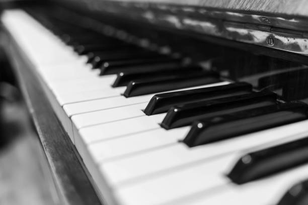 istock Piano keys closeup. black and white photo 1369688341