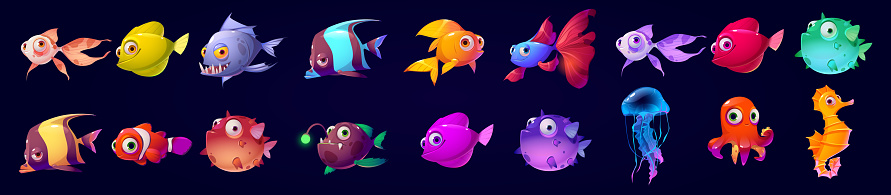 Cute underwater animals, fish, seahorse, jellyfish and octopus. Vector cartoon set of aquarium characters, funny marine creatures, puffer fish isolated on black background