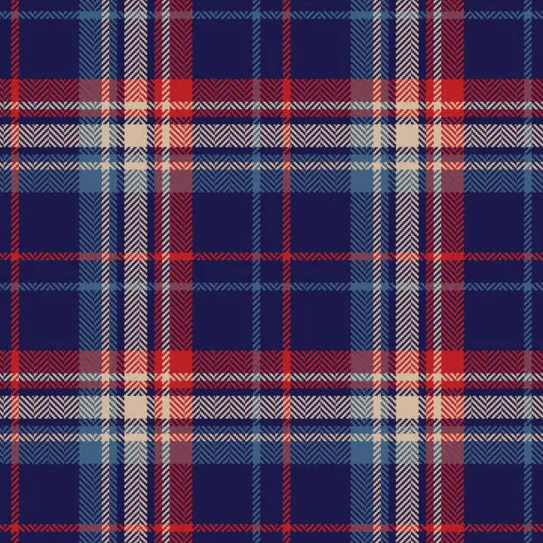 Vector illustration of Tartan check plaid pattern in navy blue, red, beige for spring summer autumn winter. Seamless vector illustration for flannel shirt, pyjamas, blanket, throw, scarf, other modern fashion textile print.