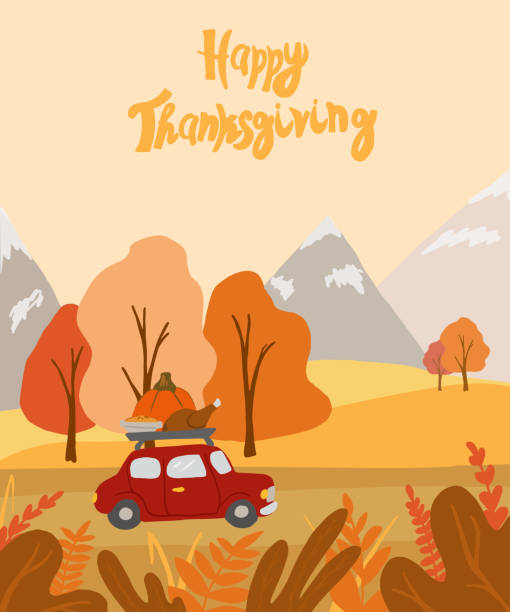 Flat Autumn landscape. Vector countryside illustratiom with woods, herbs, road and red cute car with pumpkin. Thanksgiving holiday card Flat Autumn landscape. Vector countryside illustratiom with woods, herbs, road and red cute car with pumpkin. Thanksgiving holiday card thanksgiving holiday travel stock illustrations