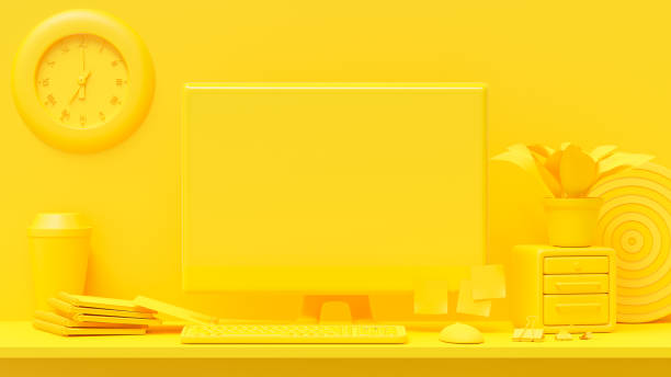 istock Minimal concept, computer on table Work desk yellow color and mock-up for your text with notebook ,mouse ,clock ,Paper clip and Dartboard. 3d render. 1369692612