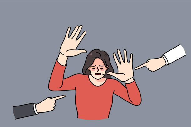 Unhappy woman stressed with people blaming Unhappy crying woman feel stressed with people fingers pointing at her blaming. Upset sad girl depressed with bullying and harassment. Discrimination problem concept. Vector illustration. humiliate stock illustrations