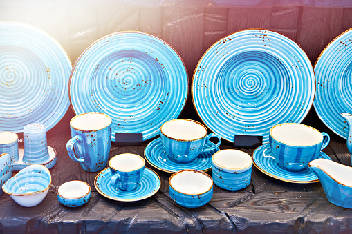 Ceramic and clay tableware in store
