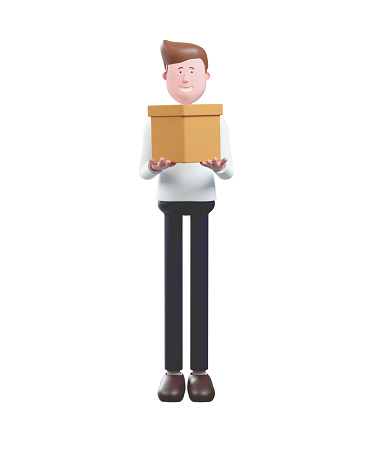 3d Delivery man holding parcel boxes isolated on white background.
