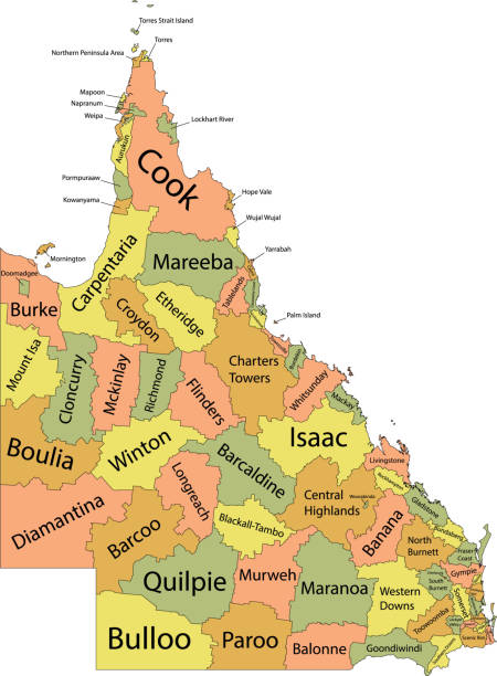 ilustrações, clipart, desenhos animados e ícones de mapa marcado pastel das áreas do governo local de queensland, austrália - australia map australian flag flag