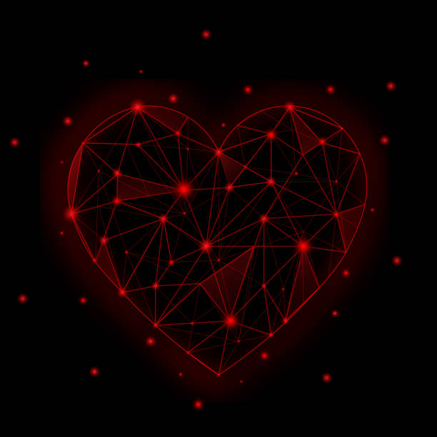 ilustraciones, imágenes clip art, dibujos animados e iconos de stock de corazón poligonal rojo con puntos y líneas con efecto brillante en fondo negro, corazón de san valentín brillante - heart shape stone red ecard