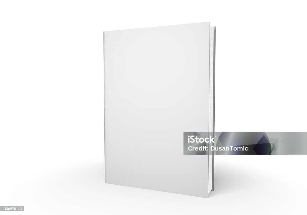 White closed book standing on a white table 3D book on white. Blank Stock Photo