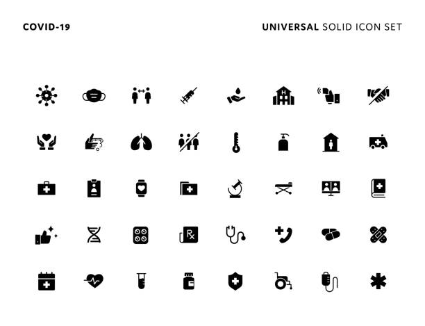 ilustraciones, imágenes clip art, dibujos animados e iconos de stock de conjunto de iconos sólidos universales covid-19 - generics