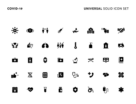 Corona Virus Concept Basic Solid Icon Set. Icons are Suitable for Web Page, Mobile App, UI, UX and GUI design.
