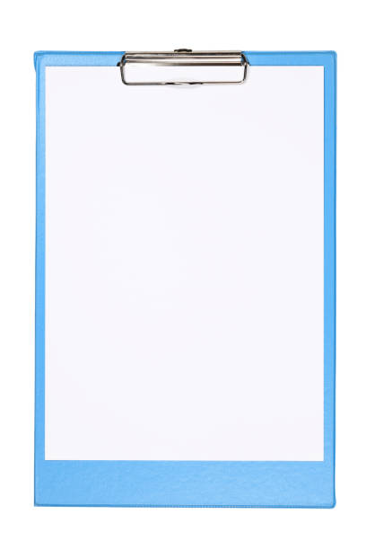 istock Light blue clipboard with empty white paper sheet for design and text. Closeup high resolution photo with copy space isolated on white background. 1369703966