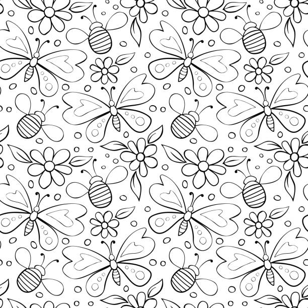 ilustrações de stock, clip art, desenhos animados e ícones de vector seamless pattern of black outline butterflies, honey bees and flowers. doodle style. glade, forest edge. cute background and texture on theme of nature, spring, summer, children print - summer backgrounds line art butterfly