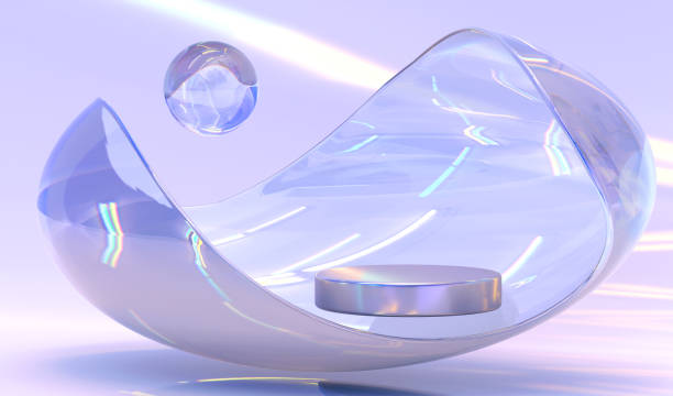 istock Podium with holographic gradient wave or glass iridescent ribbon and crystal sphere. Empty pedestal with dispersion light and refraction effect of rays on purple backdrop for display product 3d render 1369706465