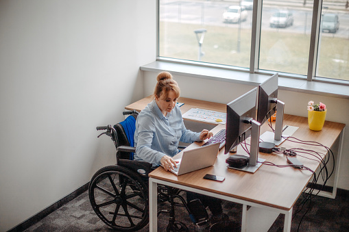 Active living on job in wheelchair using computer with two monitors combined with laptop