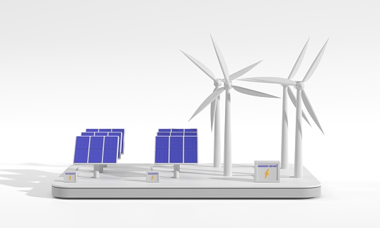 Wind turbines, solar panels and battery bank isolated on white background, isometric 3d render, front view. Alternative renewable power generation, electricity production, green energy concept.