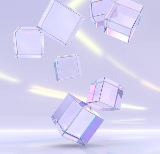 Abstract geometric purple background with flying crystal cubes or blocks, refraction effect of rays in glass. Clear square boxes of acrylic or plexiglass in dispersion light, modern 3d wallpaper