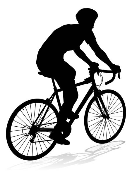 Bike and Bicyclist Silhouette Bicyclist riding their bike and wearing a safety helmet in silhouette cycle racing stock illustrations