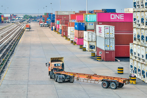 Bangkok, Thailand - Feb 9, 2022 : Packing and separating station Lat Krabang was built for convenience Provide services to exporters importers in all activities related to container products.