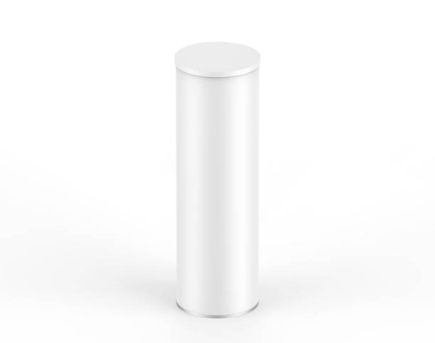 istock Blank white cardboard cylinder box mockup with plastic lid, 3d rendering. Clear cylindrical tube container with cap mock up. Snack or bottle carton packaging template. Paper tin round canister. 1369710635