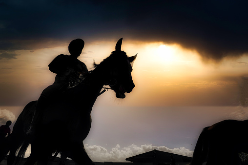 Silhouette of a horse and rider infant of a moody sky