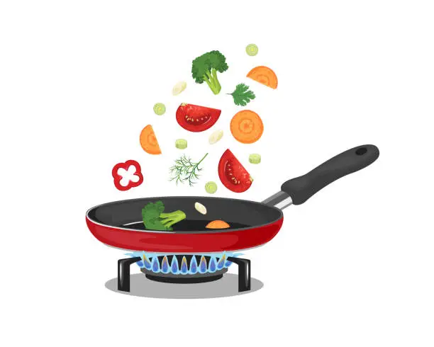 Vector illustration of Cooking food in frying pan. Vector illustration of cut vegetables cooked on gas stove. Cartoon flat style.