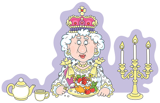 Monarch in a crown and a solemn royal dress sitting at her festive table with a fresh and tasty traditional Yorkshire dessert with berries, vector cartoon illustration isolated on white