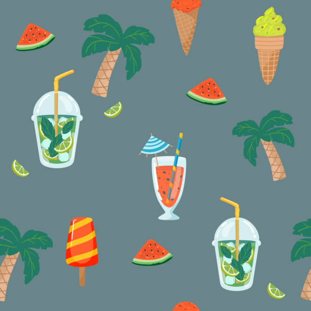 istock Seamless cocktail pattern. color background with juice, cocktails, and fruits mojito ice cream. summer pattern. Vector illustration 1369713666