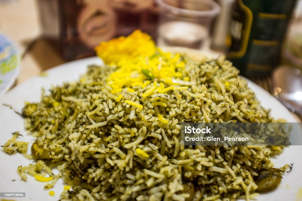Rice with dill Dill rice as served in a restaurant in Tehran, Iran Bazaar Market Stock Photo
