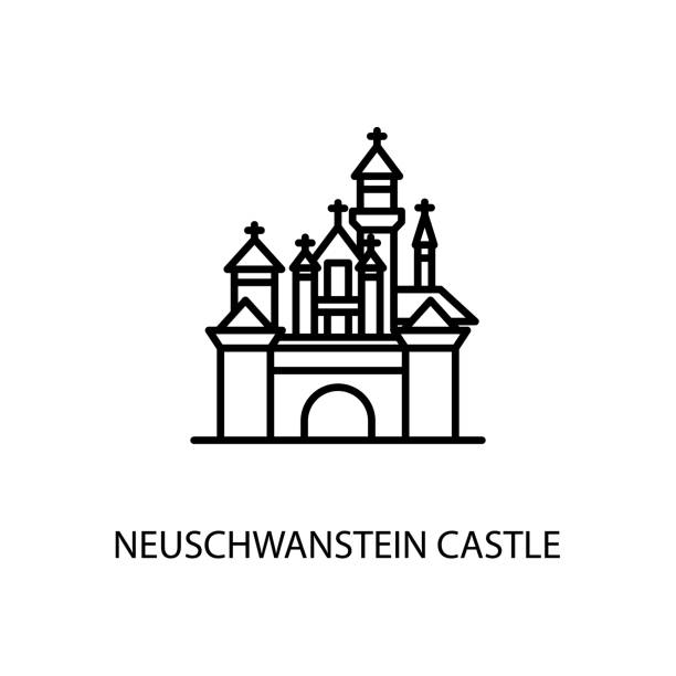 illustrazioni stock, clip art, cartoni animati e icone di tendenza di castello di neuschwanstein, baviera, germania illustrazione di contorno in vettoriale. logo - neuschwanstein