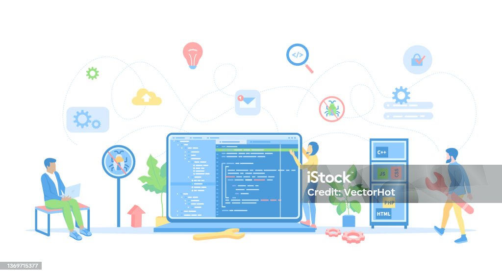 programming concept process coding teamwork desktop... Software Development Programming App Making Programmers Team Working ...
