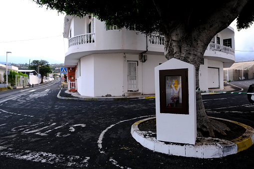 View of houses and streets covered with ashes after Cumbre Vieja volcano eruption, in the village of Las Manchas, La Palma island, Spain, 04 October 2021