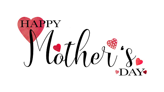 Happy Mother's Day greeting card template. Lettering with watercolor hearts symbol, isolated on white background