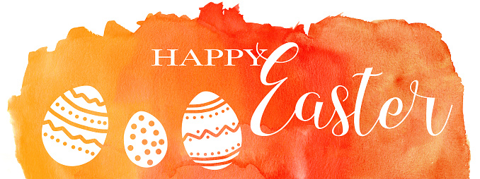 Happy Easter background web banner wide panoramic greeting card template - Easter eggs, lettering and orange red watercolor aquarelle handrawing, isolated on white texture