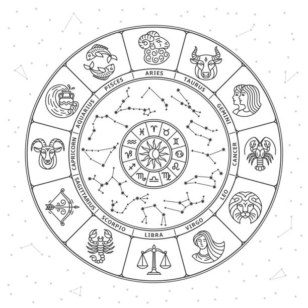 ilustrações, clipart, desenhos animados e ícones de círculo de astrologia. conceito de horóscopo, rodada do zodíaco ou roda. ícone da astronomia, estrela e constelação. sinal de alquimia, conceito de vetor esotérico arrumado - fire sign computer icon symbol