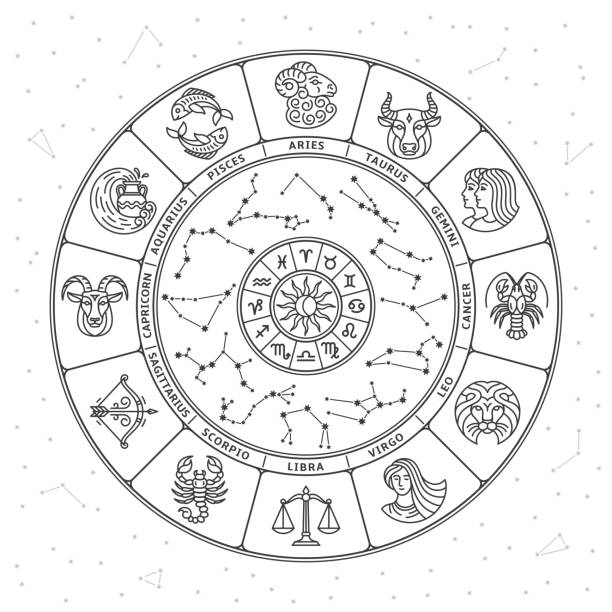 Astrology circle. Horoscope concept, zodiac round or wheel. Astronomy icon, star and constellation. Alchemy sign, esoteric tidy vector concept Astrology circle. Horoscope concept, zodiac round or wheel. Astronomy icon, star and constellation. Alchemy sign, esoteric tidy vector concept. Illustration of horoscope astrology, zodiac calendar capricorn stock illustrations
