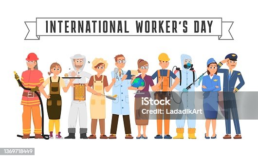 istock International workers day. Labor festive banner, working characters. People in uniform, different male and female professionals decent vector set 1369718449