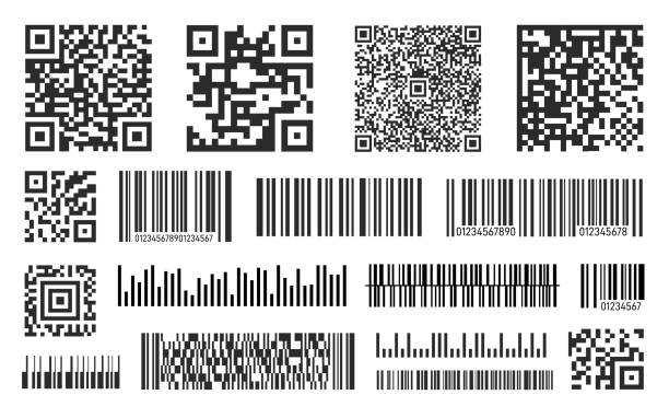 barcodes. schwarzer barcode, qr-code zum scannen. coupon, warenkorb oder produktinfo-codierung. identitätszeichen aufkleber, persönliche impfsymbole, exaktes vektorset - bar code stock-grafiken, -clipart, -cartoons und -symbole