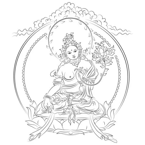 Vector illustration of Tibetan buddhism icon of white tara sitting on lotus with lotus in hands outline black vector illustration