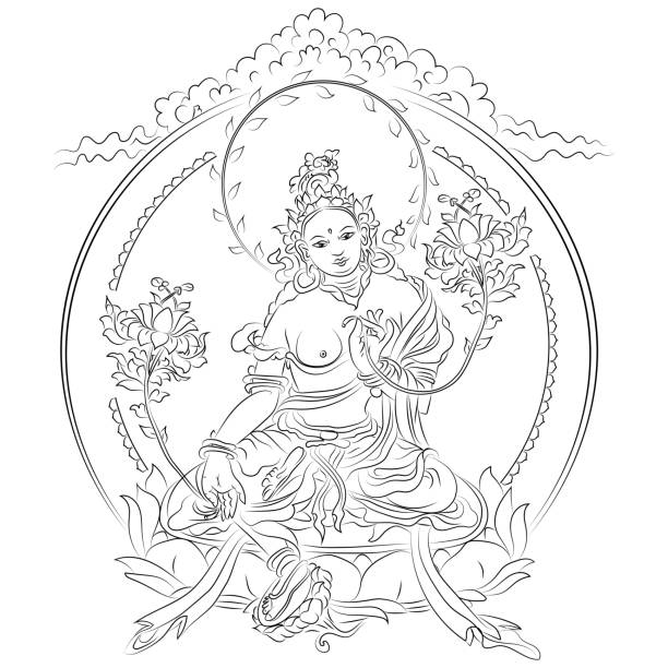 Tibetan buddhism icon of green tara sitting on lotus with lotuses in hands outline black white vector illustration Tibetan buddhism icon of green tara sitting on lotus with lotuses in hands outline black white vector illustration dharma chakra stock illustrations