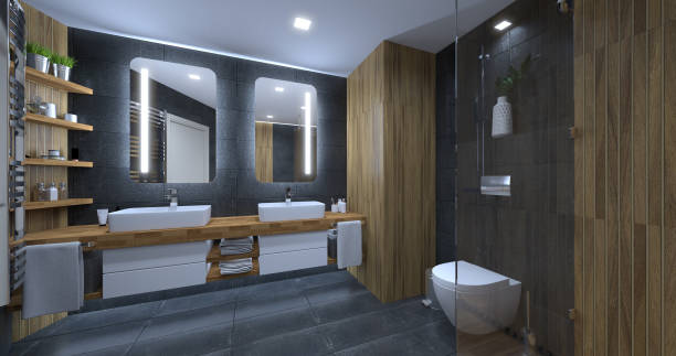 istock Modern bathroom with shower wc and wood and anthracite 1369720895
