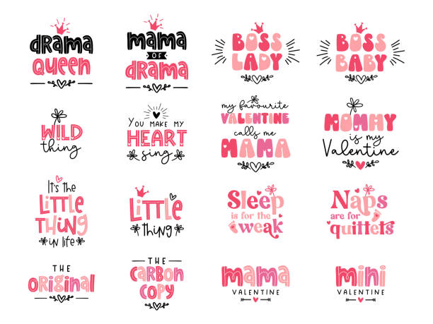 Mama and mini vector set Mama and mini vector set.Â Vector cute typography for baby girl or boy. Mom life calligraphy. Mothers day text design. Mommy and me cartoon illustration. FirstÂ Valentine's Day quote. family word stock illustrations