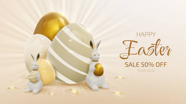 金色の卵の要素と光線効果の装飾と現実的なウサギとリボンと幸せなイースター。3d高級スタイルの背景。 - eggs animal egg gold light点のイラスト素材／クリップアート素材／マンガ素材／アイコン素材