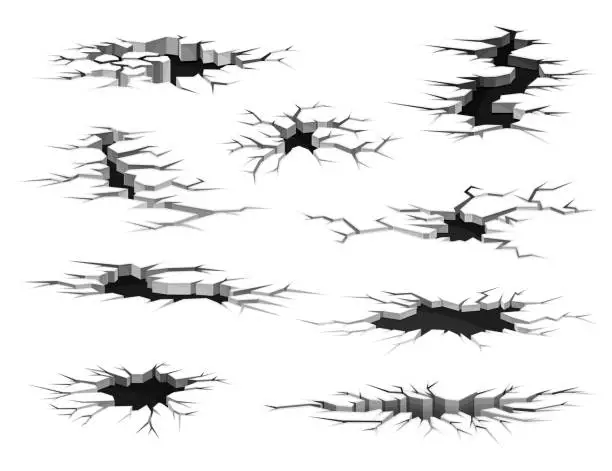 Vector illustration of Fractures on land surface set. Black faults on ground, disaster or drought crevices vector illustration