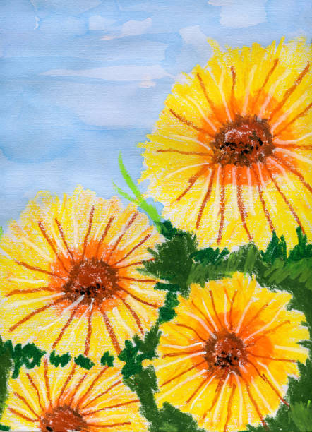 kinderzeichnung - sonnenblumen - kinderzeichnung stock-fotos und bilder